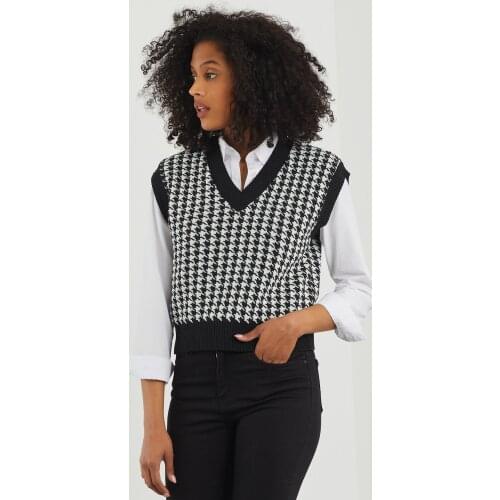 Womens Black Houndstooth V Neck Oversize Knitwear Sweater Dress Best Toppies– Made in Turkey