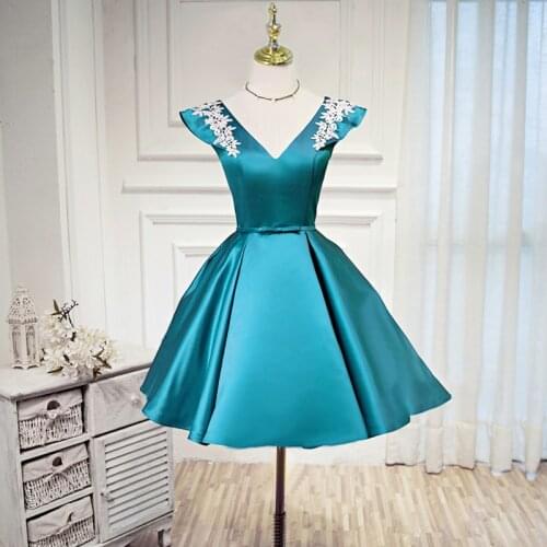 Deep V-Neck Elegant Prom Dress Appliques Pleat Short Sleeves Lace Up Empire Above Knee A-Line New For Women Party Prom Gown B814