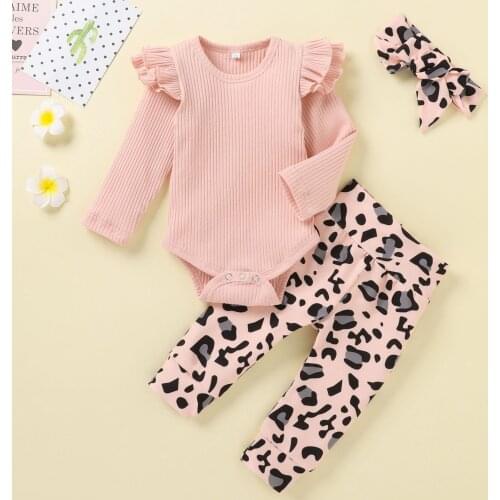 0-12M)Baby winter suit new warm flying sleeve solid color pit striped top + leopard print pants + headband suit детские вещи 50