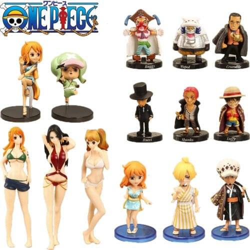 3-12Pcs Set Q Version Luffy Roronoa Zoro Sanji Anime Action Figure Collection Model Toy Swimsuit Nami Cake Decoration Doll Gift