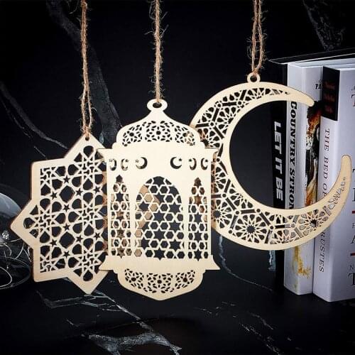 3Pcs Wooden Mubarak EID Decoration Wooden Pendant Ramadan Ornaments Islamic Muslim Pendant Party Supplies