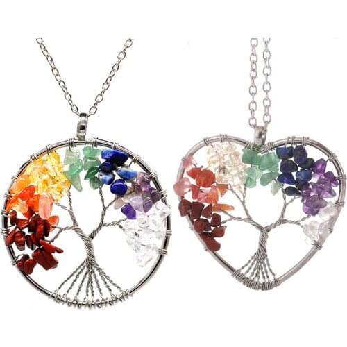 7 Chakra Natural Stone Crystal Big Pendants Wire Wrapped Tree of Life Quartz Pendant Necklace for Women Jewelry Dropshipping