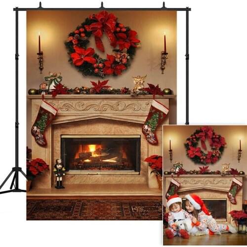 Winter Christmas Fireplace Photography Backdrop Interior Vintage Xmas Stockings Background Portrait Photobooth Party Decorations