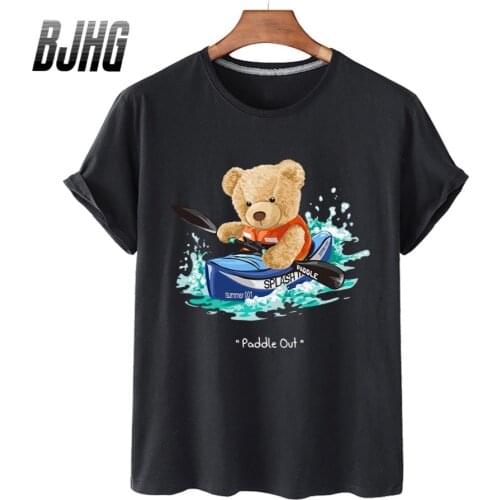 100% Cotton Kayak Cartoon Bear Print Short-sleeved T-shirt Female Half-sleeved Summer Casual Oversized T-shirt Ladies Shirt 4XL