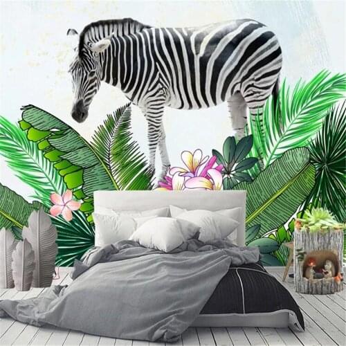 Milofi customized 3D personality wallpaper hand-painted zebra tropical plants Nordic background wall decoration painting