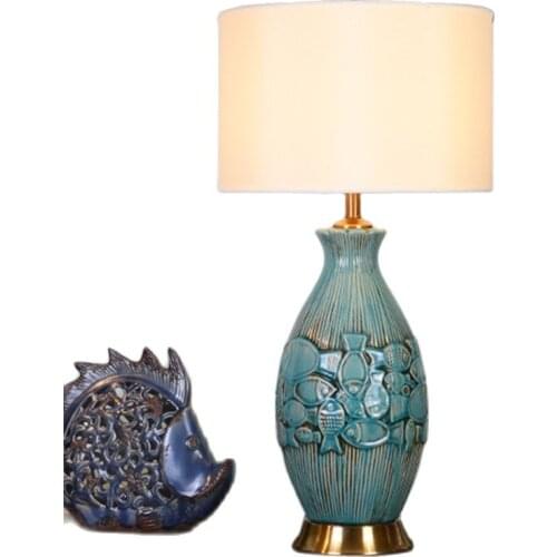 Modern American Style Blue Fish Ceramic Table Lamp For Bed Room Bedside Living Room Foyer Study Desk Reading Night Light LD173