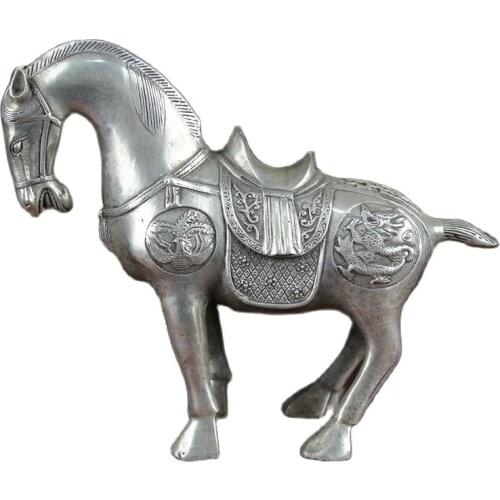 China old Feng Shui ornaments white Copper Silver plating Dragon pattern horse War horse