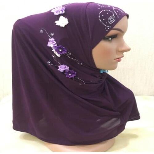 H015 beautiful big gilrs adult muslim hijab with handmade flowers islamic scarf shawl headscarf hat armia pull on wrap