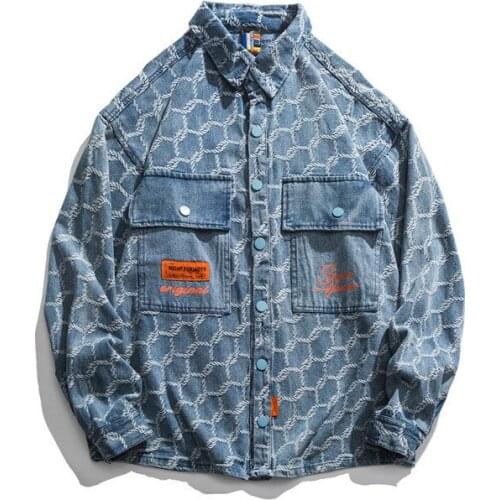 ERENEJIAN Mens Fashion Hi Street Floral Jeans Shirts Streetwear Flower Printed Denim Shirt Tops With Pockets