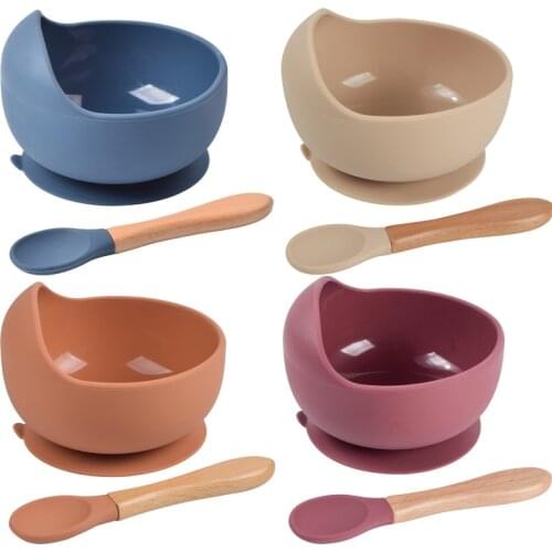 Baby Silicone Bowl Set BPA Free Non-slip Childrens Suction Bowl Wooden Handle Silicone Spoon Food Grade Waterproof Tableware