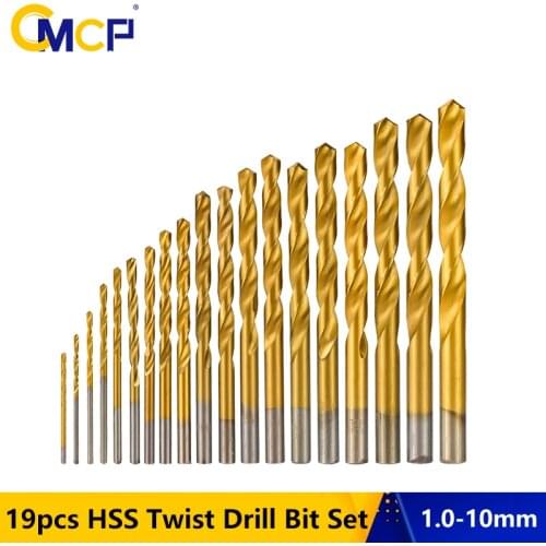 HSS Twist Drill Bit Set 1.0-10mm Titanium Coated Gun Drill Bit 19pcs Round Shank Hole Cutter Woodworking Metal Tools