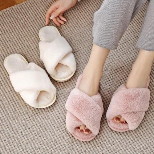 Cheap Winter Women House Slippers Faux Fur Warm Shoes Woman Slip-on Flats Shoes Female Slides Fashion Home Furry Ladies Slippers