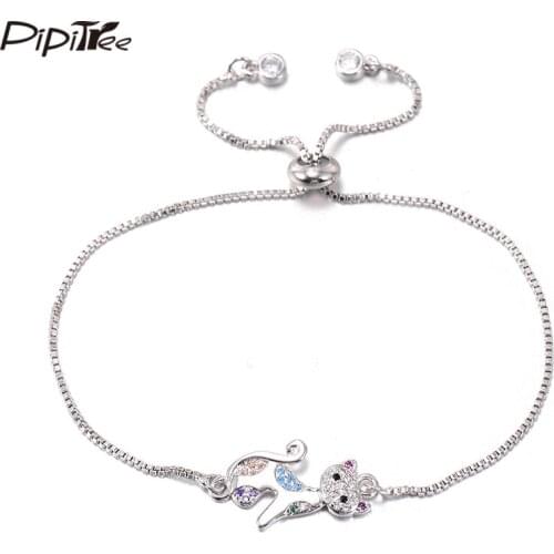 Pipitree Delicate Cat Charm Bracelet Colorful Cubic Zircon Women Jewelry Adjustable Chain Animal Bracelets Pulseras Femme