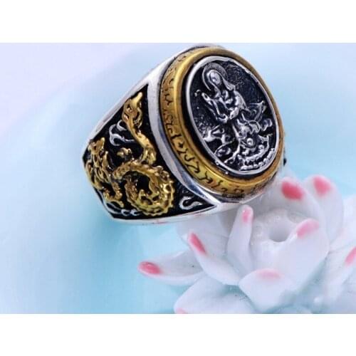 Wholesale 925 sterling silver jewelry hand lotus Guanyin peace Qinglong Tengyun ring xh047664w