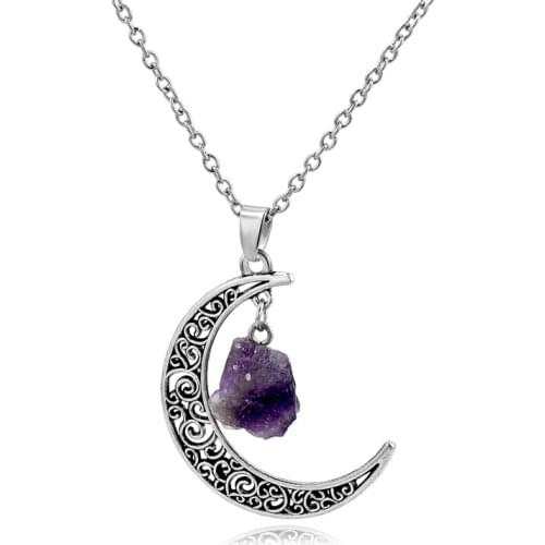Classic Style Silver Plated Crescent Moon with Irregular Shape Amethysts Stone Pendant Necklace Rose Pink Quartz Jewelry
