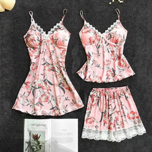 3Pcs Pajamas Set New Women Lace Satin Strap Clothes Summer Sleepwear Top + Shorts Pajamas Set Plus Size Nightwear Sleepwear