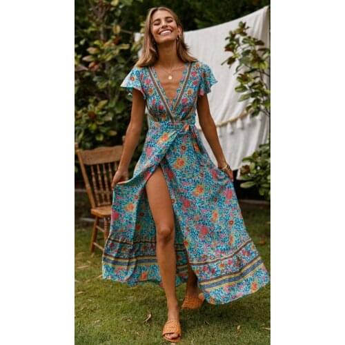 Summer Beach Maxi Dress Women Floral Print Boho Long Chiffon Dress Casual V-Neck High Split Sexy Party Sundress Robe