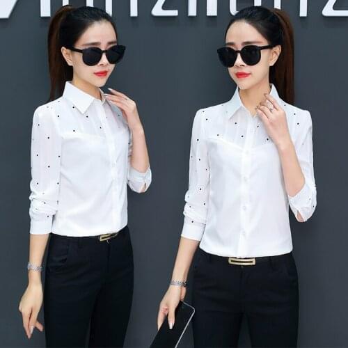 2021 Summer New Chiffon Women Shirts Polka Dot Slim Long-Sleeved V-Neck Lady Elegant Shirts Outwear Tops