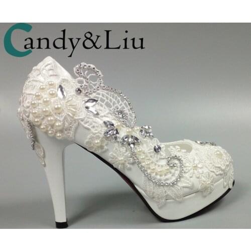 White lace wedding shoes super high heel head bride pearl waterproof platform shallow drill chain wedding dress photo womens