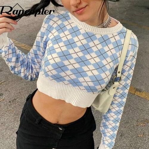 Rapcopter Plaid Sweaters y2k Cropped Knitwear Grunge Fairycore Long Sleeve Pullovers Women Prepply Kawaii Jumpers Autumn Winter