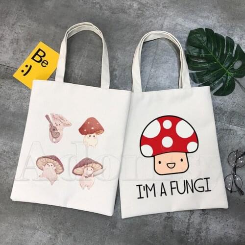 Mushroom Women Canvas Shopping Bag Letters Print Female Cloth Shoulder Bag Eco Handbag Tote Reusable Grocery Shopper Bags