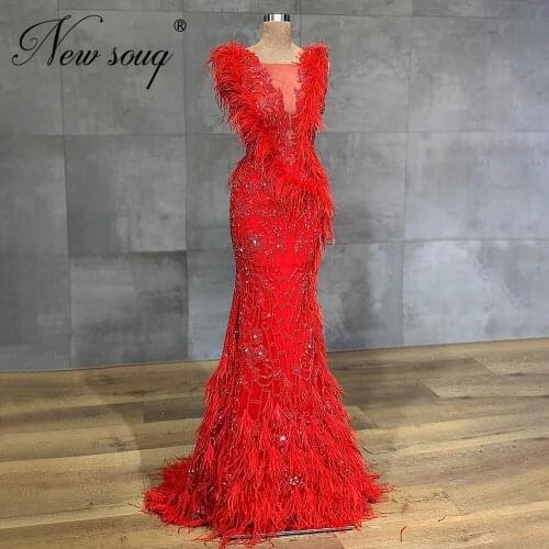 Customized Red Beaded Evening Dresses Dubai Prom Dress Feathers Mermaid Party Gown 2020 Saudi Arabia Custom Long Evening Wear