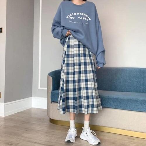 Women Skirts 2021 Spring Summer Plaid Vintage High Waist Elastic Japanese Chic College Long Streetwear A-line Skirt for Student