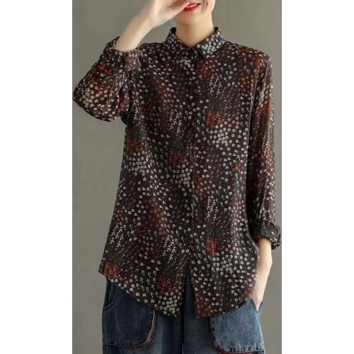 Women Cotton Linen Long Sleeve Shirts New 2021 Spring Vintage Style Turn-down Collar Print Female Loose Casual Tops S3625