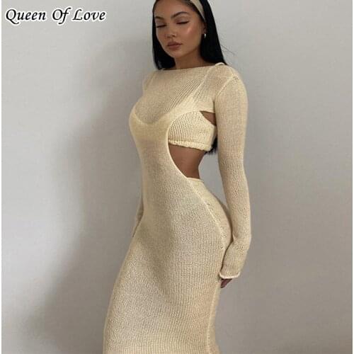 Sexy 2 Piece Women Knitted Dress Suit Matching Set 2021 Autumn Winter Long Sleeve Backless Cut Out Club Party Dresses Outfits
