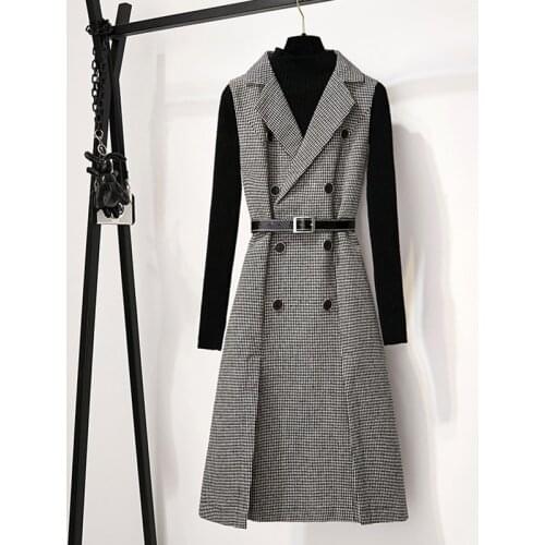 JSXDHK Women Tweed Notched Plaid Dress Two Piece Set Winter Knitted Sweater And Double-breasted Woolen Vest Midi Dress Skirt Set