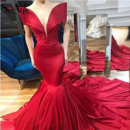 SoAyle Mermaid 2019 Evening Dresses Burgundy Prom Dresses for Women Off the Shoulder Chapel Train Formal Dresses Vintage Gowns