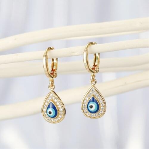1Pair Shiny Rhinestone Evil Eye Waterdrop Hoop Earrings Vintage Trendy Gold Metal Zircon Turkey Eye Small Stud Earrings Jewelry