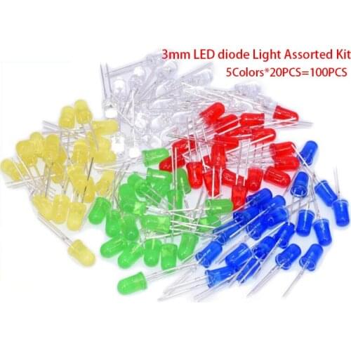 100pcs 5Colors*20PCS 3mm LED Light White Yellow Red Green Blue Assorted Kit DIY LEDs Set electronic diy kit