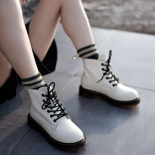 Artmu White Martin Boots British Style Women Boots Thick Sole New Handsome Ankle Boots Leather Lace-up Round Toe Handmade Shoes