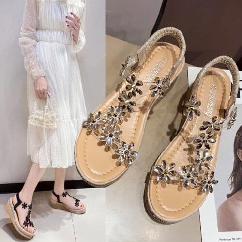 Wedge Sandals Fairy Style 2021 Summer New Internet Celebrity Ins Flat Bottom Rhinestone Flower Platform Muffin Roman Shoes