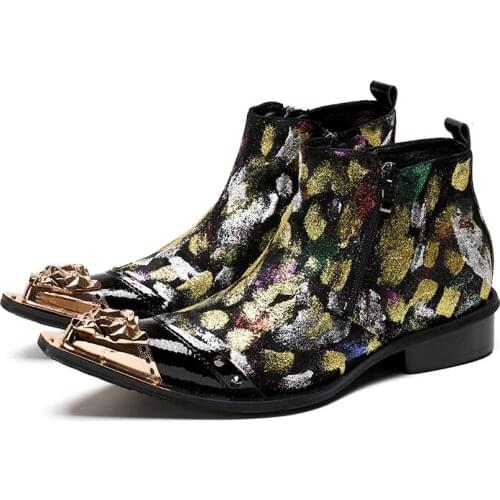 Botas Hombre Fashion Metal tip classic pointed toe men genuine leather Winter Ankle boots Men Flower Printed Mens Boots Chelsea