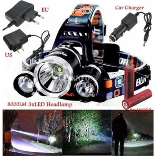 DHL 50Set 8000Lm 3 LED XM-L2 T6 Headlamp Headlight+2x18650 Battery+US/EU Charger+Car Charger