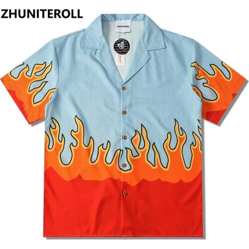 2021 Red Fire Flame Print Hawaiian Beach Shirts Hip Hop Button Shirt Mens Summer Fashion Short Sleeve Holiday Party Blouse Tops