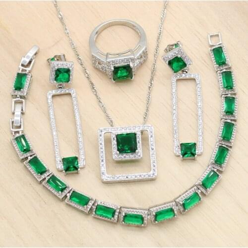 Geometric Silver Color Jewelry Sets For Women Wedding White Green Cubic Zircon Long Earrings Pendant Necklace Bracelet Ring