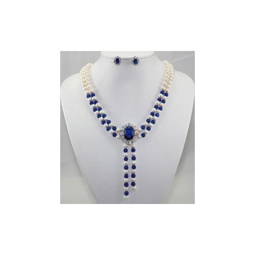 Beautiful 2 color white Freshwater pearl blue jade necklace crystal pendant earring set