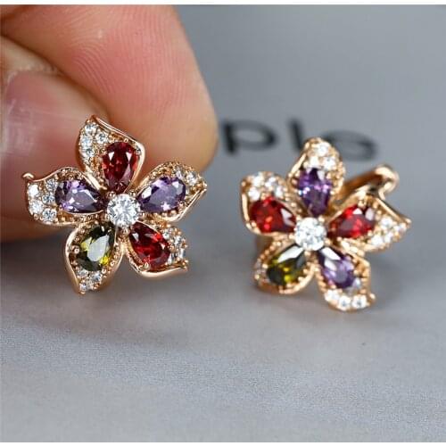 Fashion Star Flower Zircon Stone Earrings Cute Female Rainbow Crystal Hoop Earrings Dainty Gold Color Wedding Earrings For Women