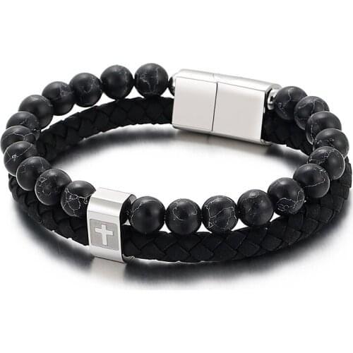 HAOLYNJOY Stainless Steel Beads Cross String Bracelet Religious Beliefs Mens Cowhide Jewelry Accessories