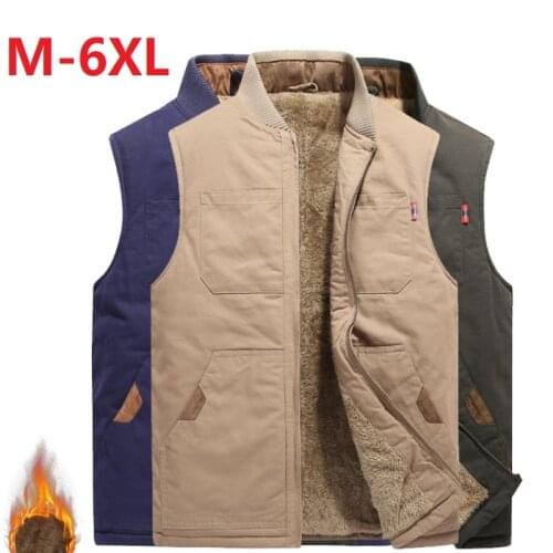 Mens plus size Fleece velvet cotton vest coat multi-pockets waistcoat vests loose military vest winter warm middle age TOPS 6X