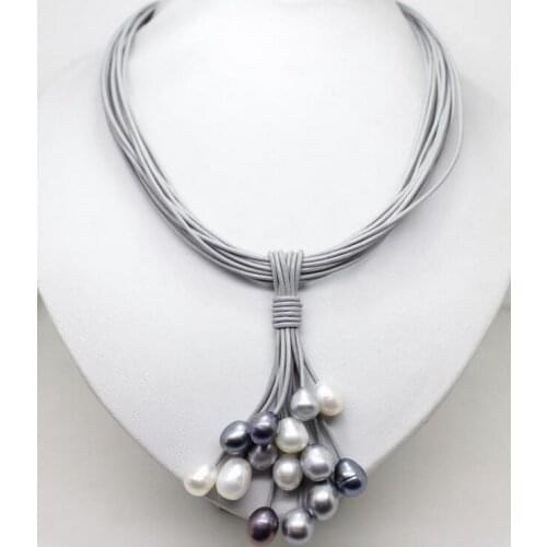 12 mm White Black Gray Freshwater Pearl Necklace Leather Cord Magnet Clasp