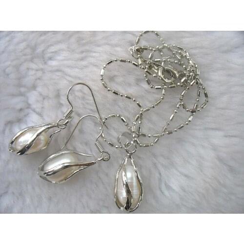 Freshwater pearl white/black/pink /purple rice pendant&earrings 18inch wholesale nature beads FPPJ