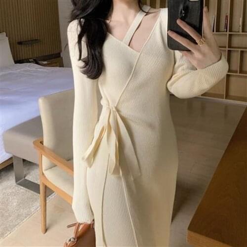 Vintage Solid Knitted Dress Women Autumn Winter Designer Bandage Slim Sexy Midi Dress French Style Korean One-piece Dress Women
