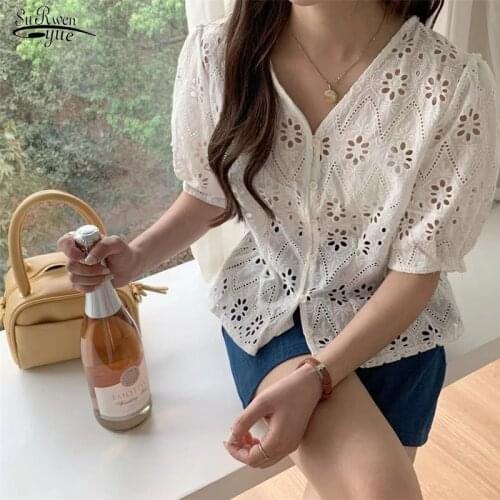 Womens Summer 2021 New Fairy White Blouse Hollow Embroidery V-neck Buckle Small Sweet Short-sleeved Shirt Blusas Mujer 14243