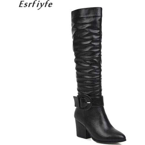 ESRFIYFE Fashion High Heels Women Knee High Boots Pu Leather Office Ladies Dress Shoes Autumn Winter Boots Woman Big Size 34-46