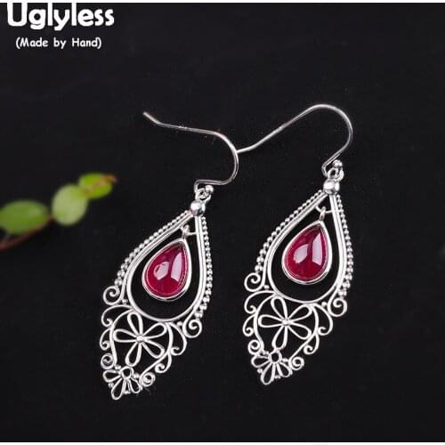 Uglyless Vintage Exotic Hollow Flower Earrings for Women Water Drop Gemstones Earrings Pearls Corundum 925 Silver Jewelry E1510