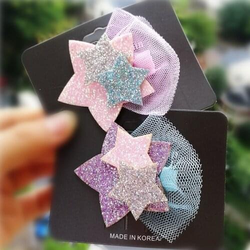 1PCS Resale Animals Glitter Unicorn Girls Hairpin Shinning Double Stars Gauze Bow Women Hair Barrette Hair Accessories Hair Clip